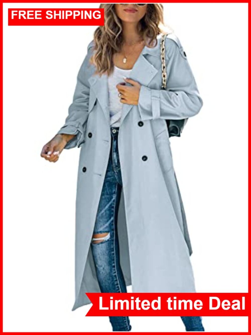 Women's Long Trench Coat Double Breasted Windproof Overcoat With Belt